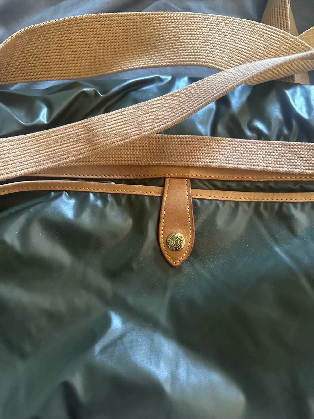 Hunting World Olive Green Nylon Messenger Bag with Tan Leather Trim